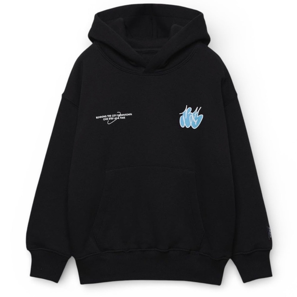 Zara Black Hoodie with Light Blue Graphic